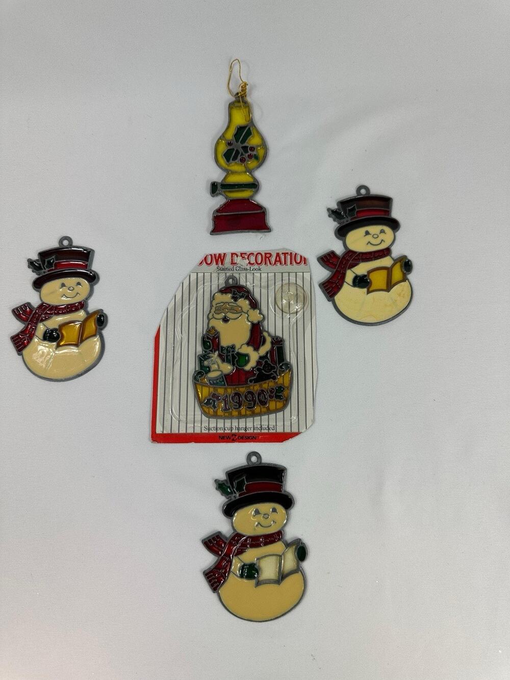 Lot of 5 Vintage 1990s Christmas Window Decorations Stained Glass Look